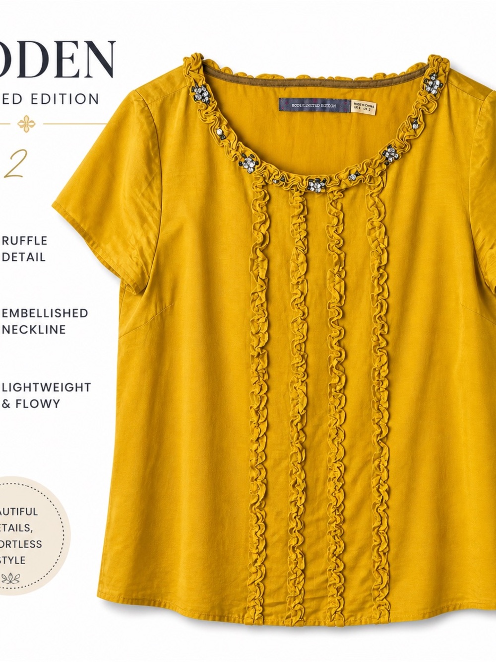 Boden Embellished Ruffle Short Sleeve Top - Mustard